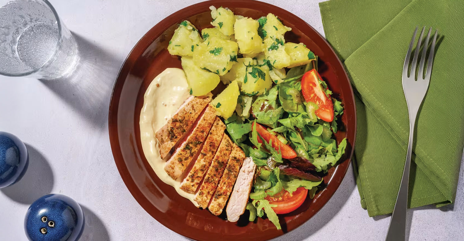 Easy Seared Chicken & Herby Crushed Potatoes with Tomato Salad & Mustard Mayo