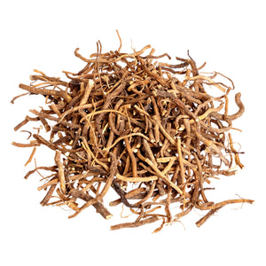 A pile of dried, brown roots on a white background, commonly used in natural beauty supplements for skin health and wellness.
