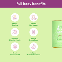 Collagen supplement benefits, including bloating reduction, skin support, digestive health, energy boost, immune and nutrient absorption. Green container visible.