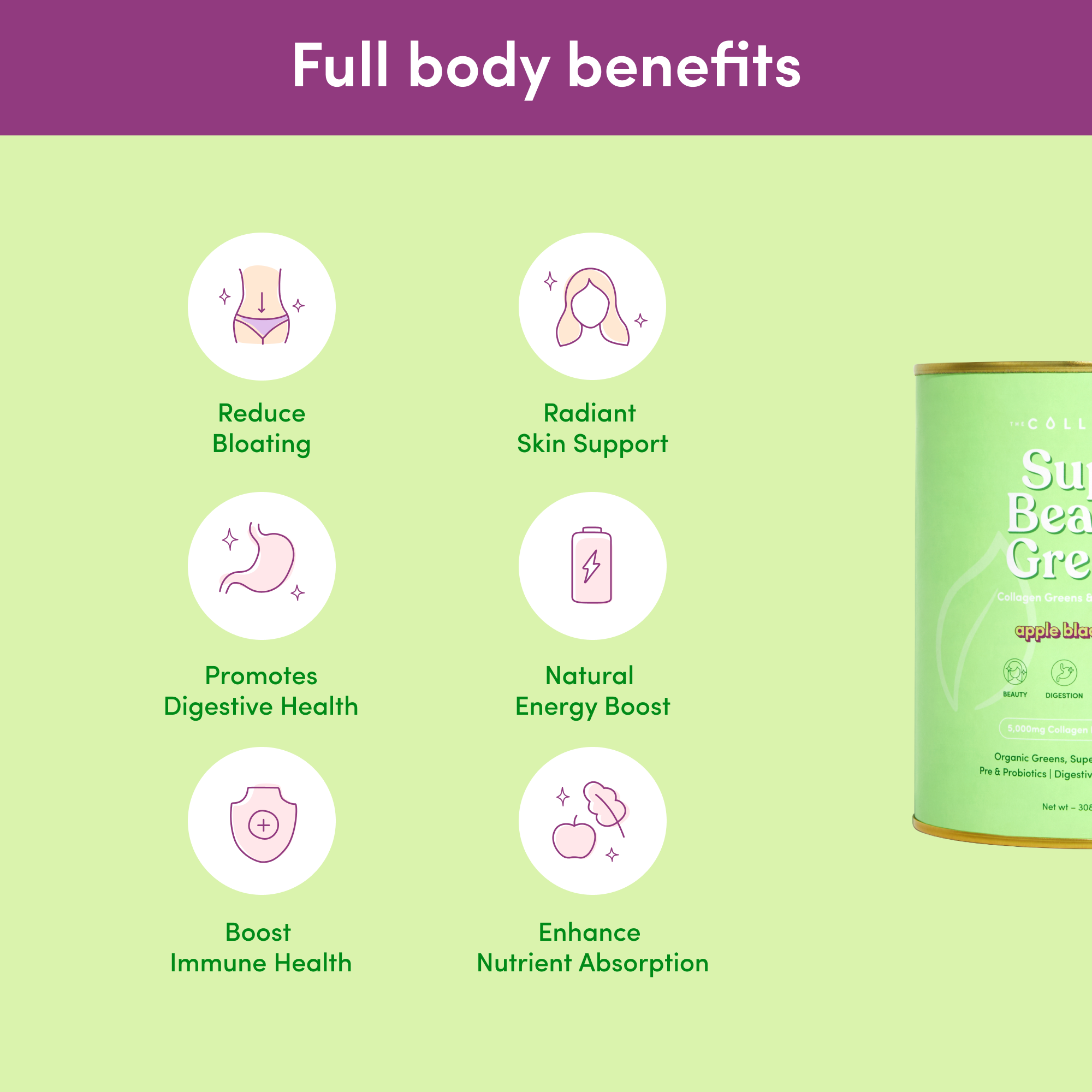 Collagen supplement benefits, including bloating reduction, skin support, digestive health, energy boost, immune and nutrient absorption. Green container visible.