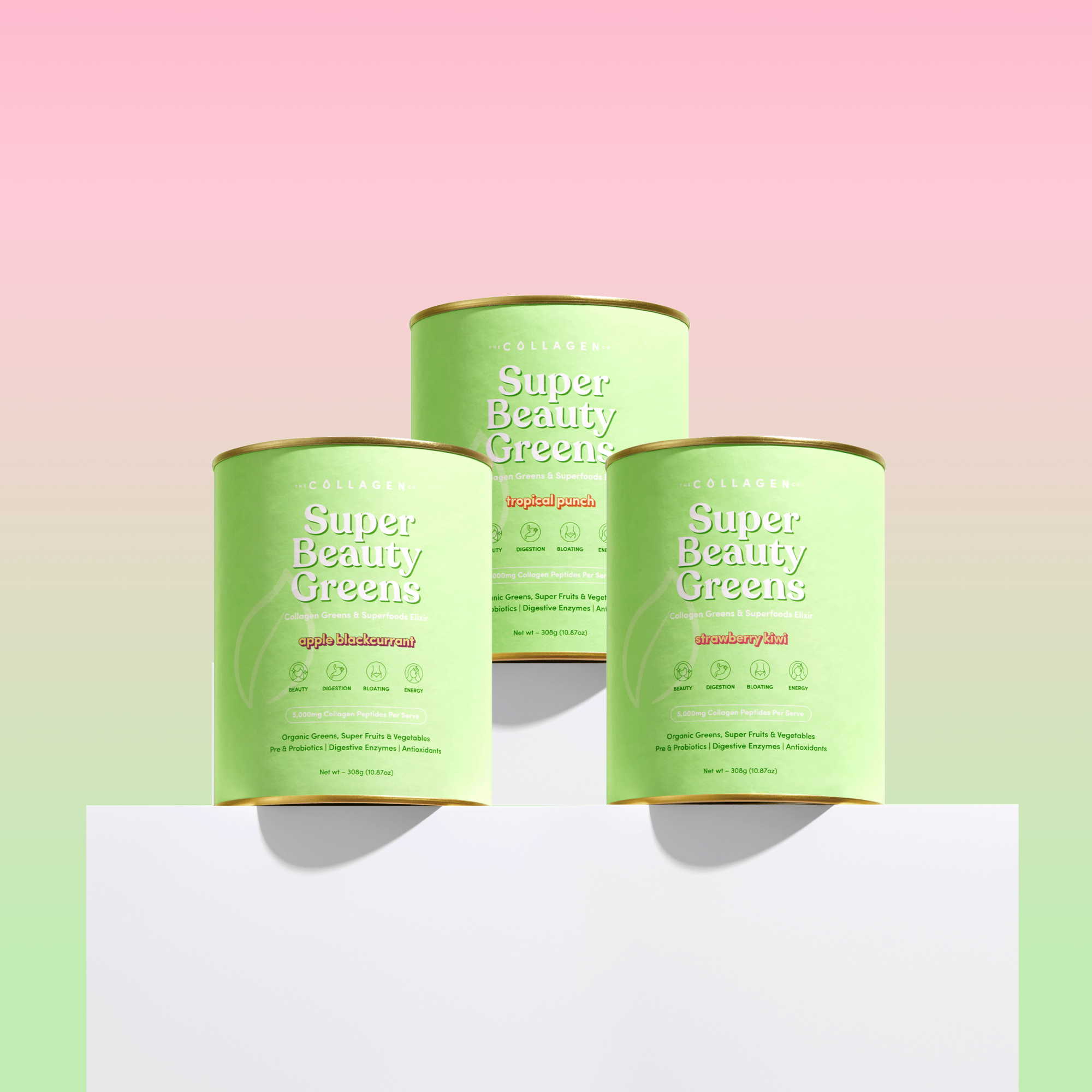 Three green containers of Collagen Super Beauty Greens on a white podium, featuring apple elderflower, tropical peach, and strawberry kiwi flavors.