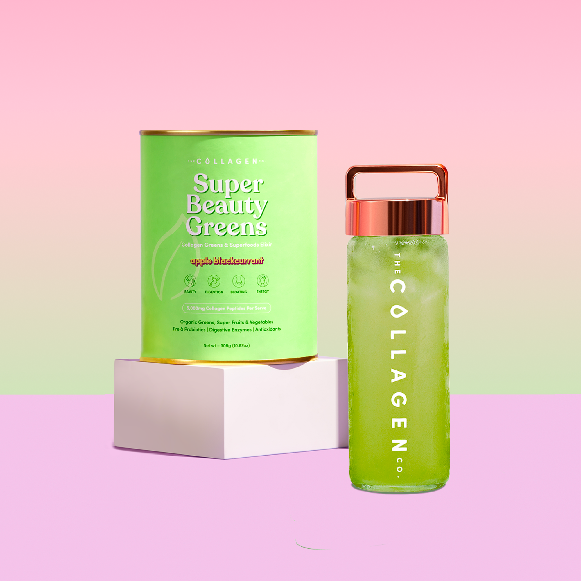 Super Beauty Greens collagen container and a glass bottle on a pink and green gradient background. Focus on beauty and wellness supplements.