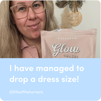 A woman holds a pink package labeled "Glow Collagen Shakes," smiling. Text below reads, "I have managed to drop a dress size!"