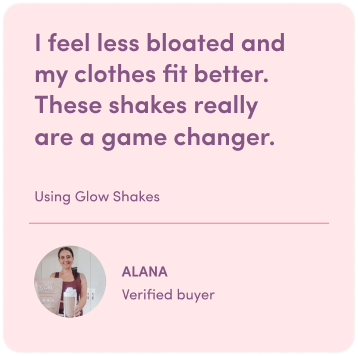 Testimonial with text: "I feel less bloated and my clothes fit better. These shakes really are a game changer." Includes an image of a woman holding a collagen shake container, labeled as Alana, a verified buyer.