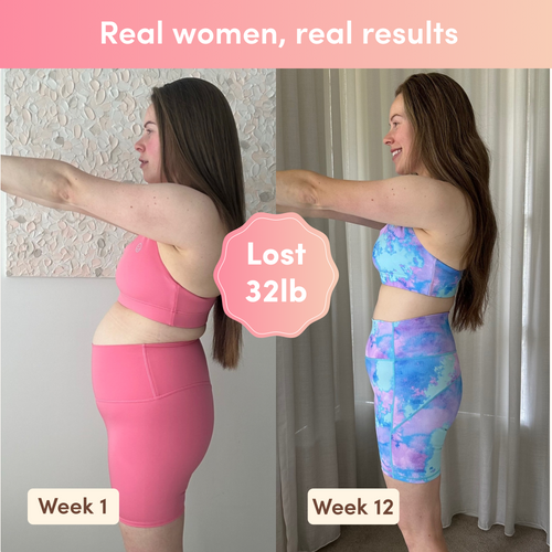 Side-by-side transformation photo of a woman showing 32lb weight loss over 12 weeks, from pink workout set to blue pattern set. Text: "Real women, real results".