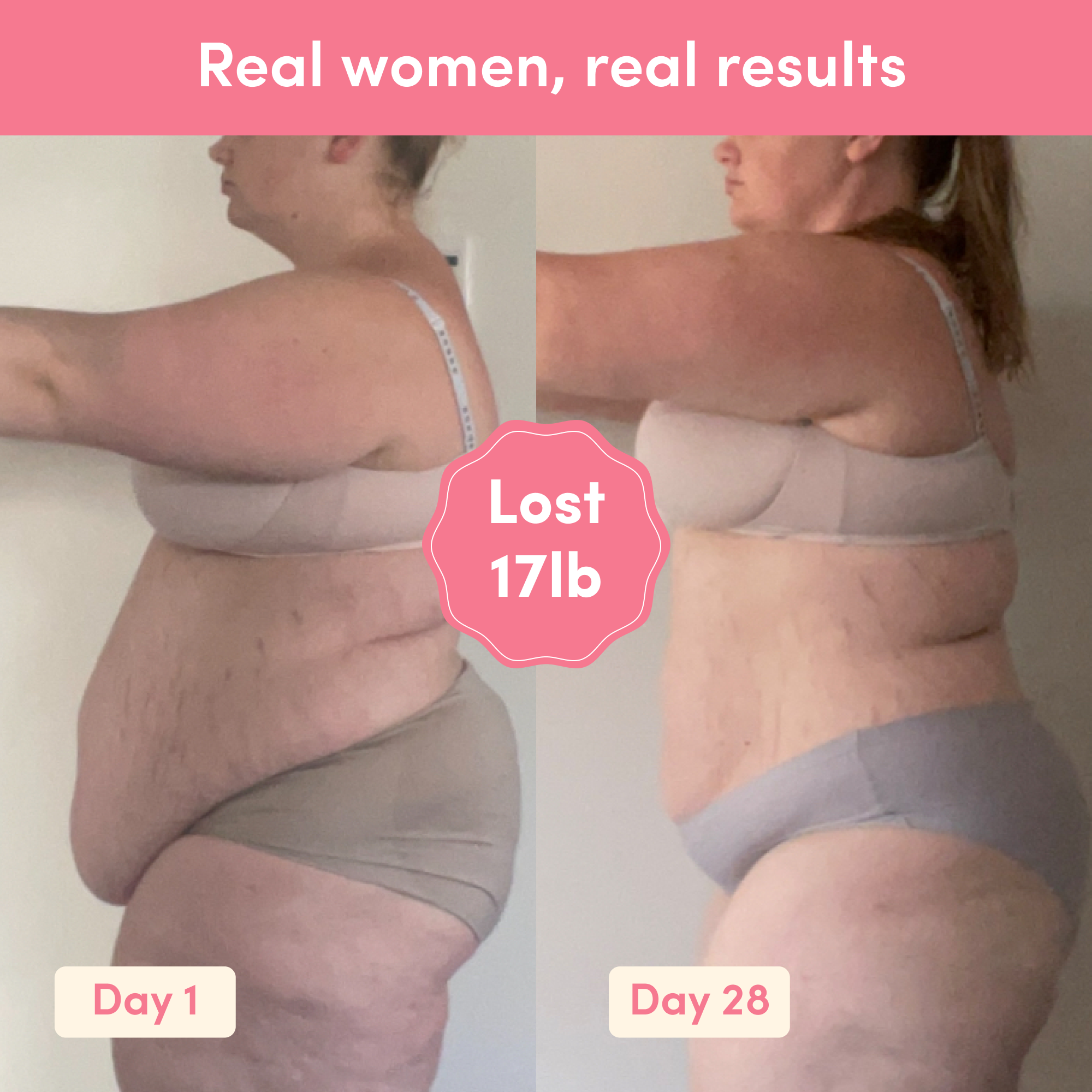 Before and after weight loss result from Glow Shakes