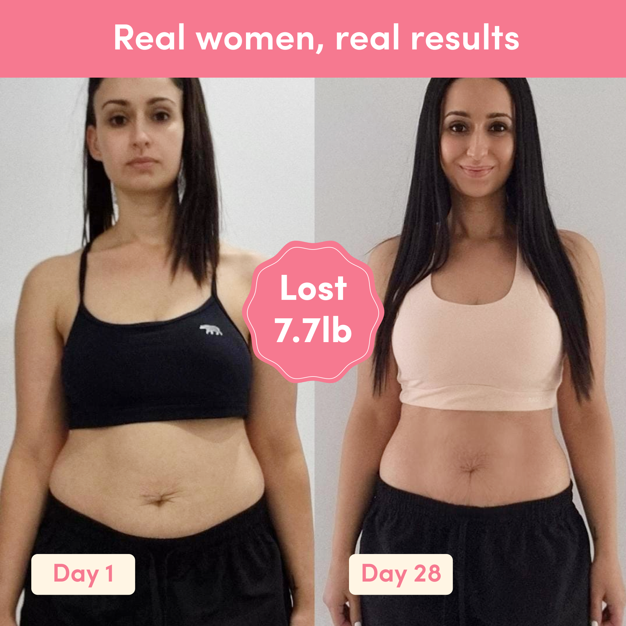 Before and after weight loss result from Glow Shakes