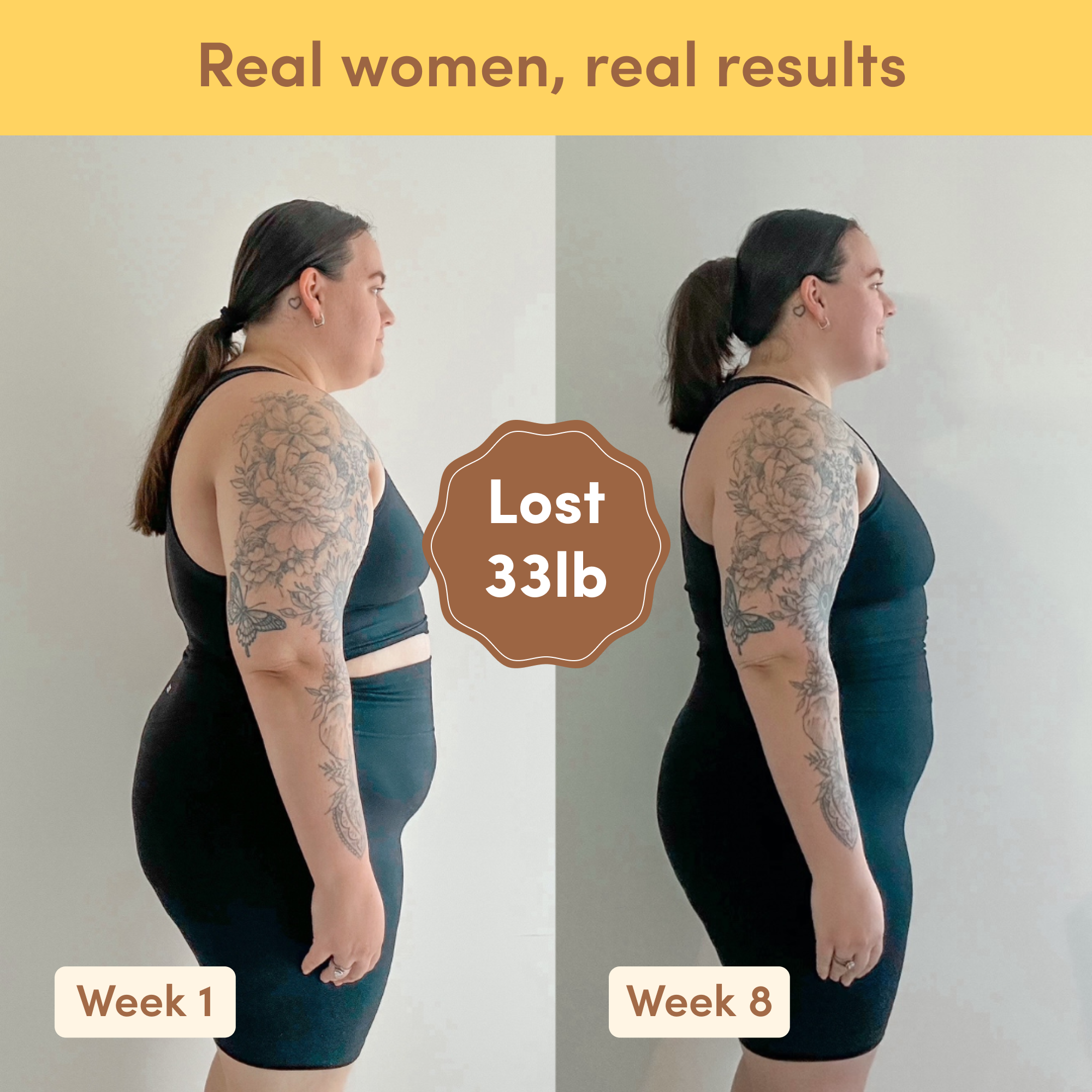 Before and after weight loss result from Glow Shakes