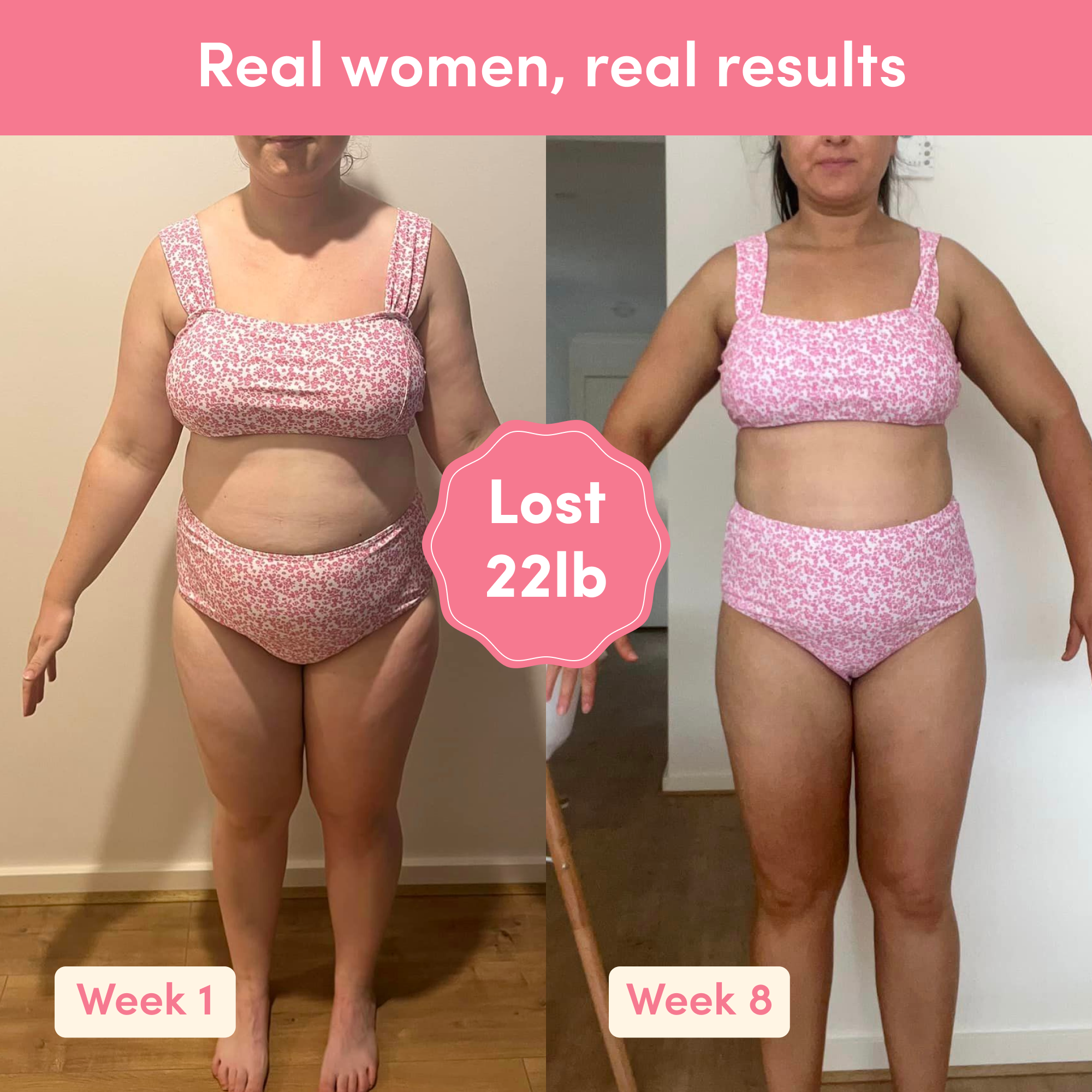 Before and after weight loss result from Glow Shakes