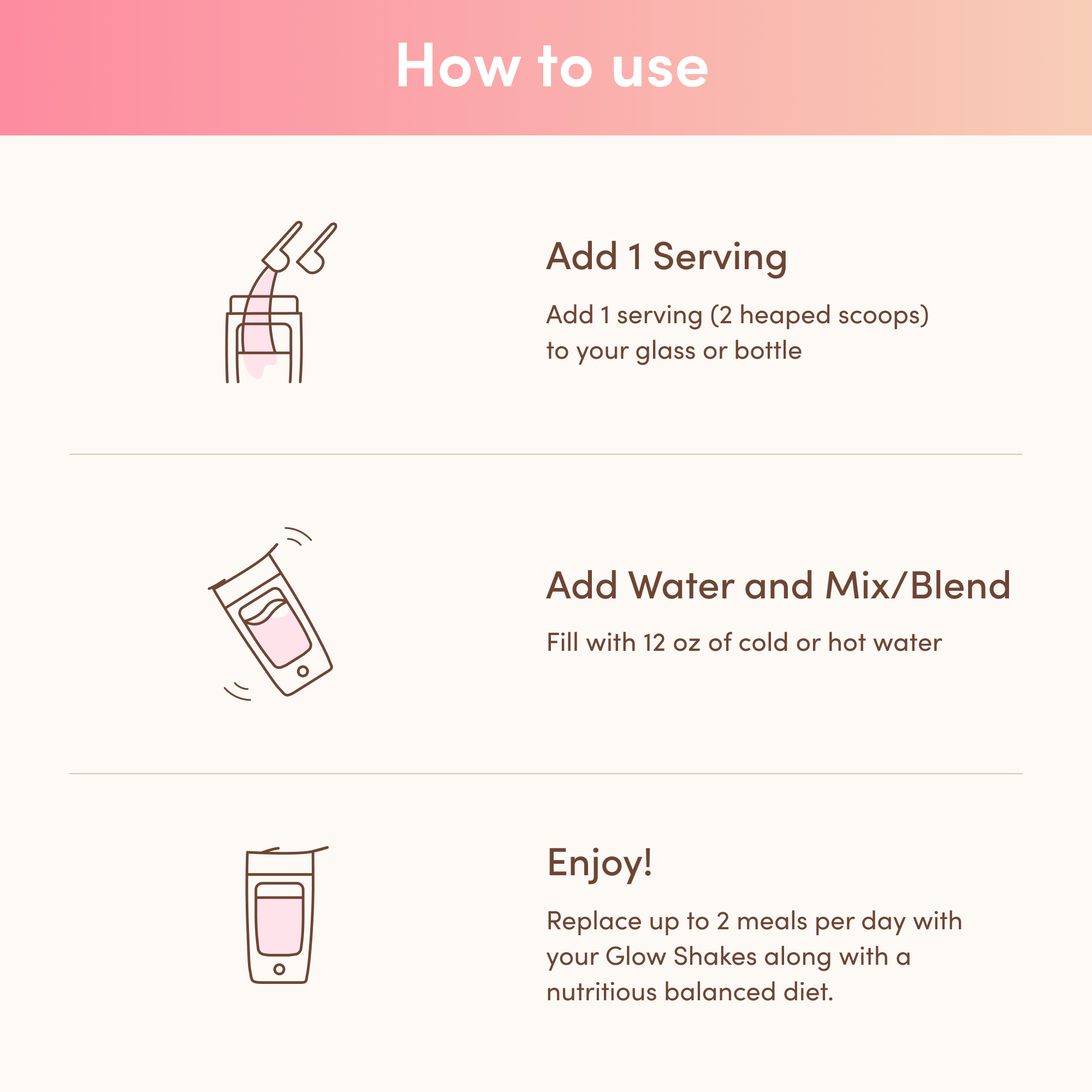 Instructions for collagen supplement: Add 2 scoops to glass, mix with 12 oz water, enjoy twice daily with balanced meals.