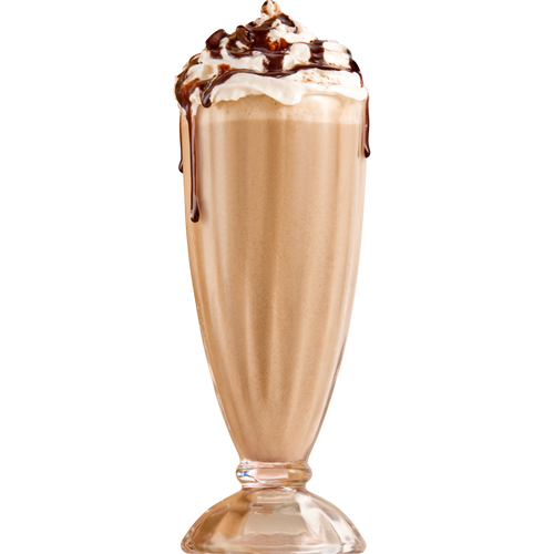 Tall glass of chocolate milkshake topped with whipped cream and drizzled chocolate sauce, resembling a collagen supplement beverage.