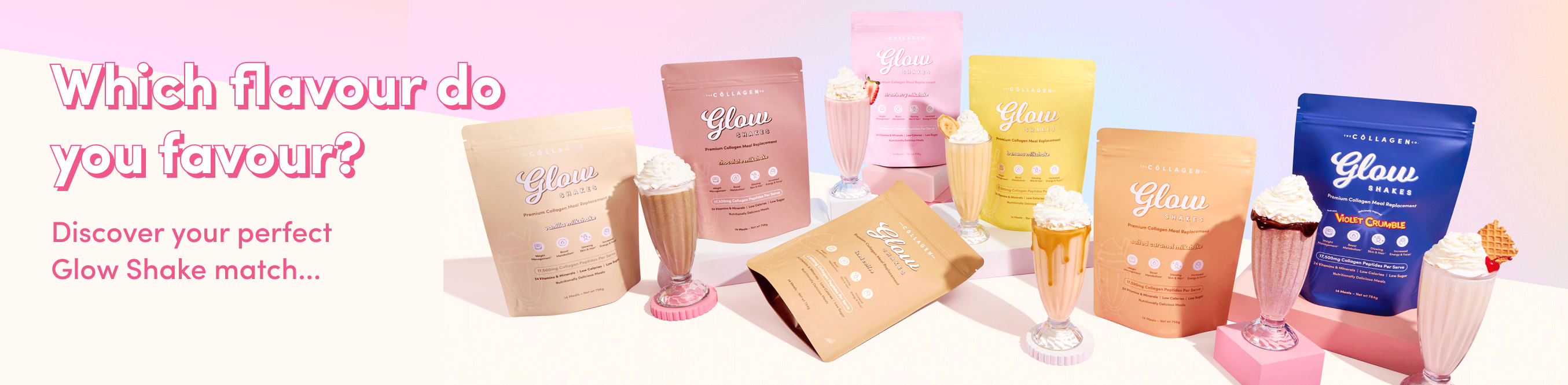 A colorful display of Glow Shake packets in various flavors, surrounded by milkshakes with whipped cream and wafer sticks. Text reads: “Which flavour do you favour? Discover your perfect Glow Shake match…” on a pastel background.