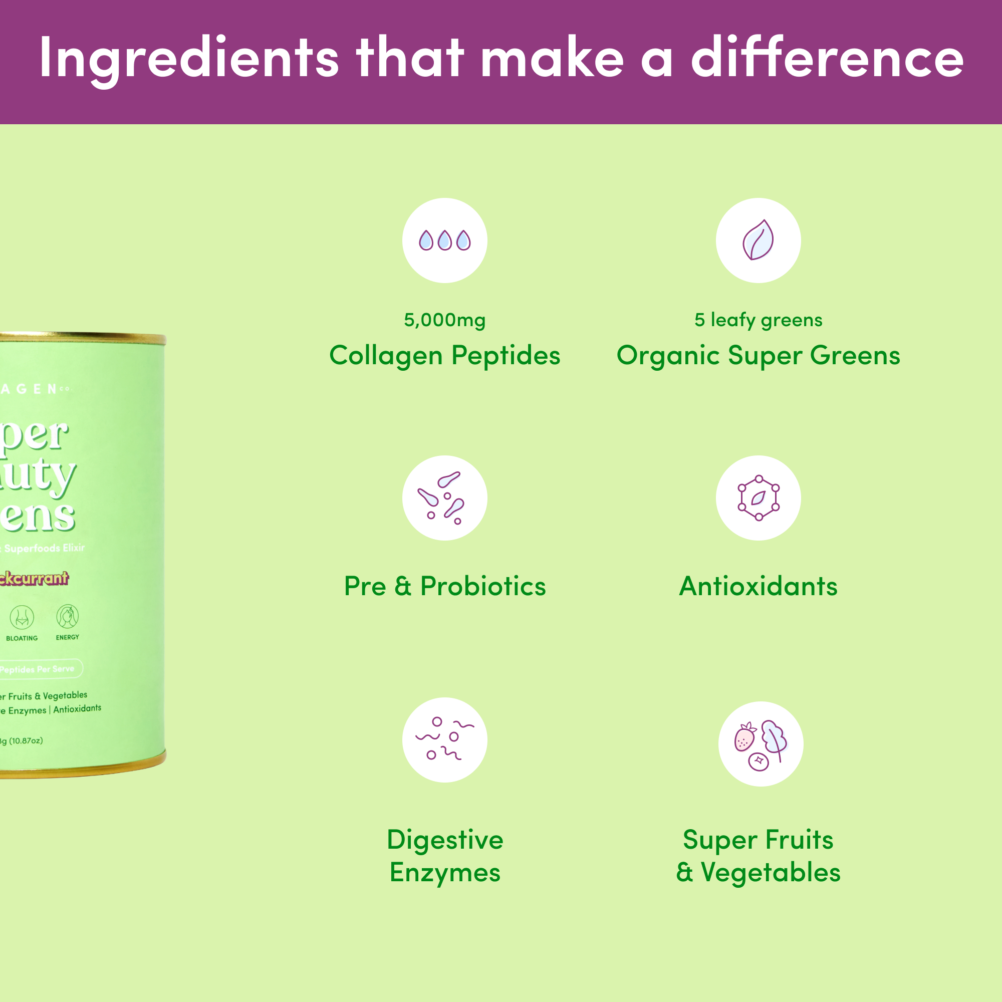 Collagen supplement container with text: "Ingredients that make a difference" featuring collagen peptides, super greens, probiotics, and antioxidants.