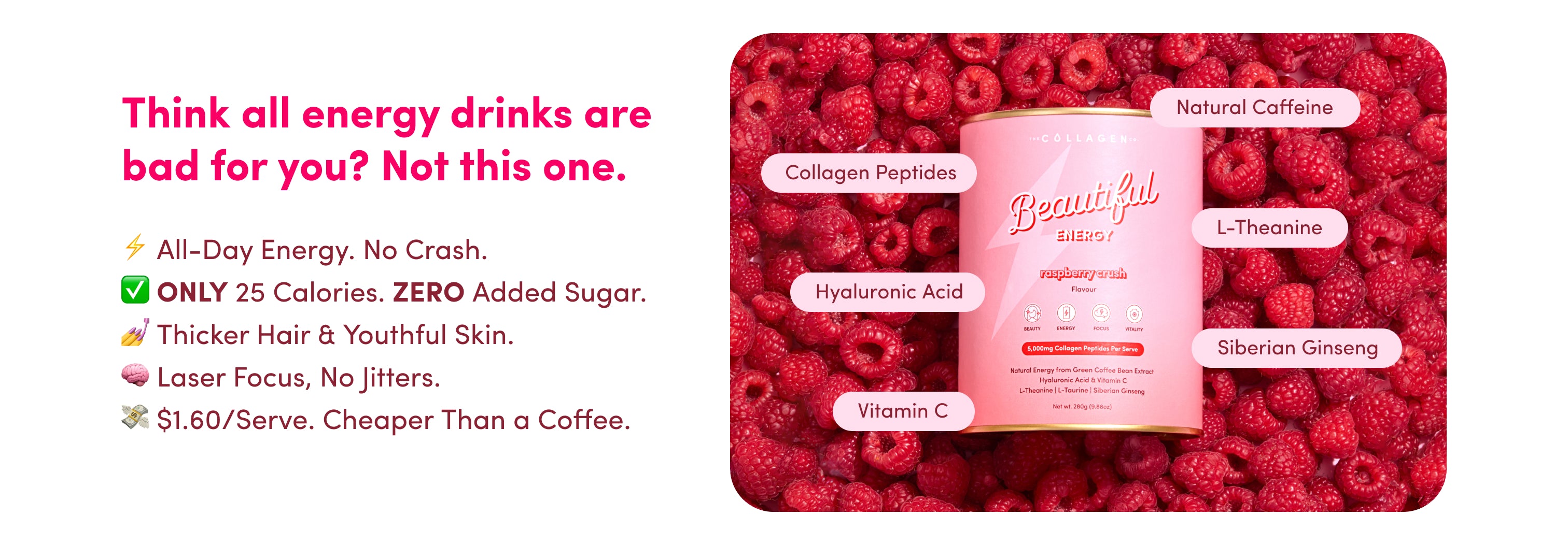 A can of Beautiful Energy raspberry drink surrounded by raspberries, with text listing benefits such as natural caffeine, collagen peptides, vitamins, and no added sugar, and highlighting its low calorie count and focus benefits.