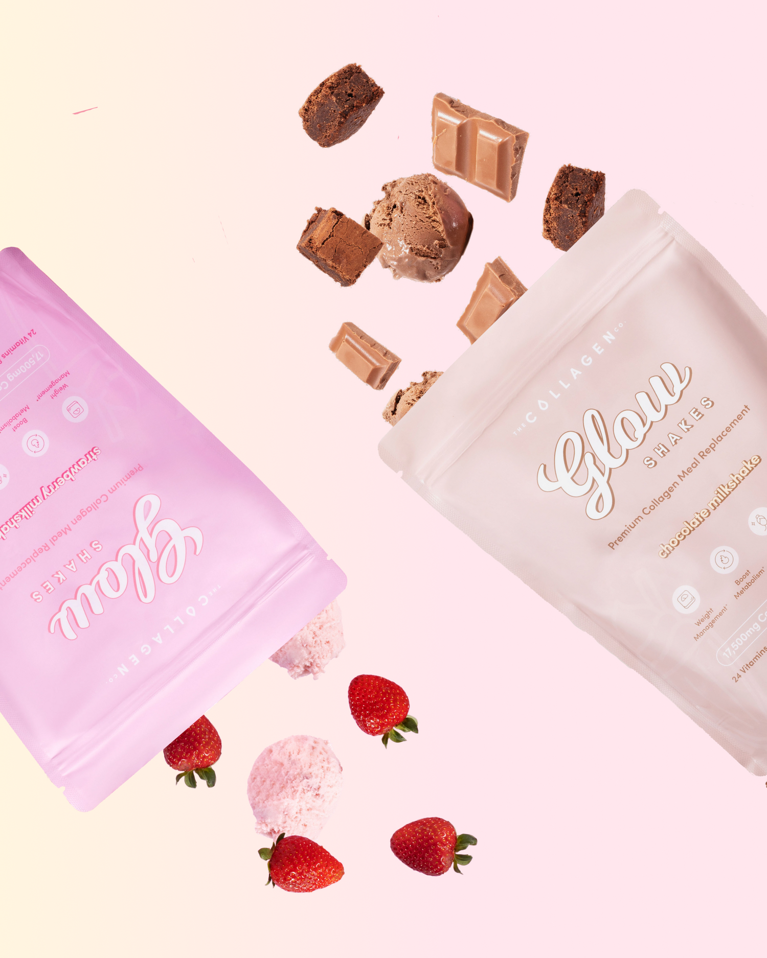 Two collagen supplement pouches, one pink and one beige, with scattered chocolate pieces, scoops, and strawberries on a light background.