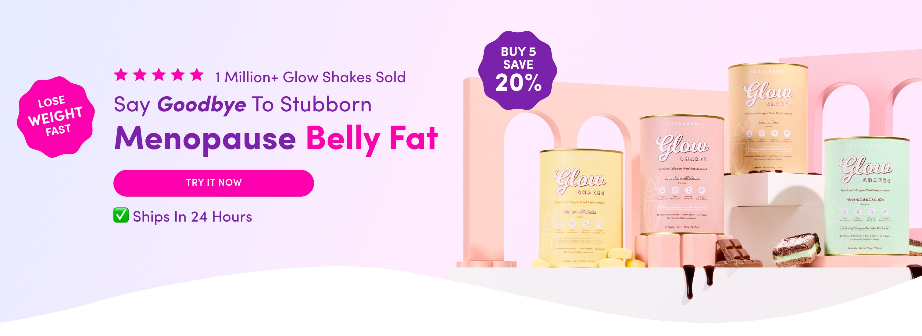 Colorful product display of Glow Shakes for menopause belly fat, with text highlighting weight loss, fast shipping, a 20% savings offer, and four pastel shake containers arranged on a modern pink backdrop.