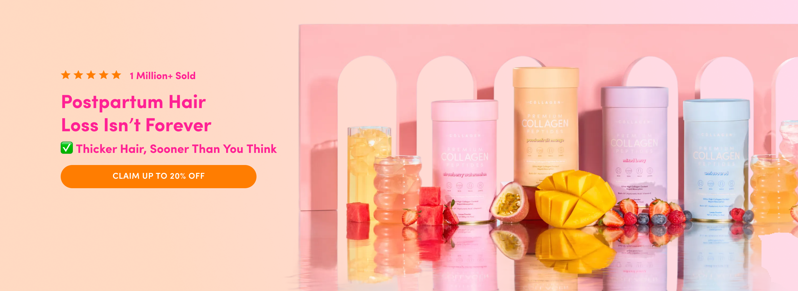 Colorful canisters of collagen powder are displayed with fresh fruit and honey. A banner reads, Postpartum Hair Loss Isn’t Forever, promoting hair health supplements with a claim of up to 20% off.