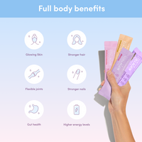 Mixed Flavours Collagen Sachets benefits infographic showing skin, hair, joints, nails, gut health and energy improvements