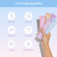 Hand holds pastel collagen sachets; icons highlight benefits: glowing skin, stronger hair/nails, flexible joints, gut health, energy boost.