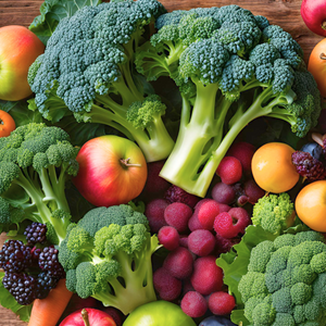 Fresh broccoli, apples, berries, and various fruits arranged on a wooden surface, highlighting natural beauty and health benefits.
