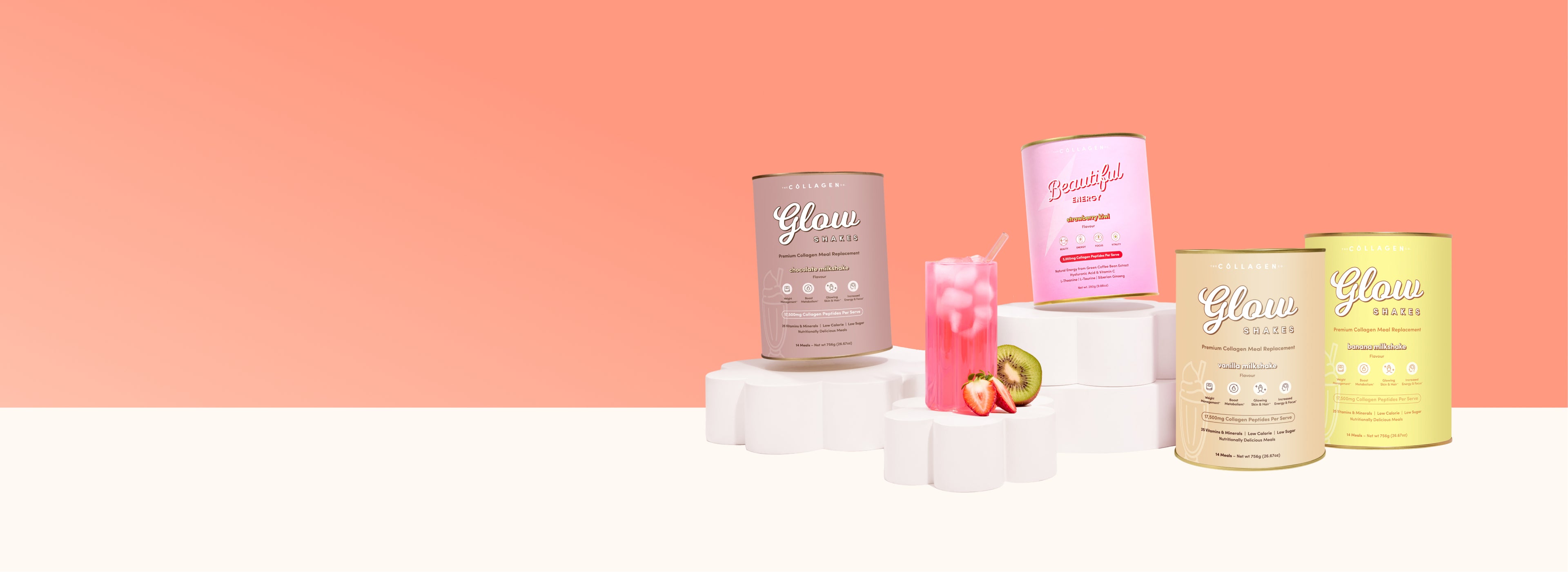 Four Glau collagen supplement containers in different colors are displayed with a tall glass of pink drink, strawberry and kiwi slices, and sculpted white props against a coral and cream background.
