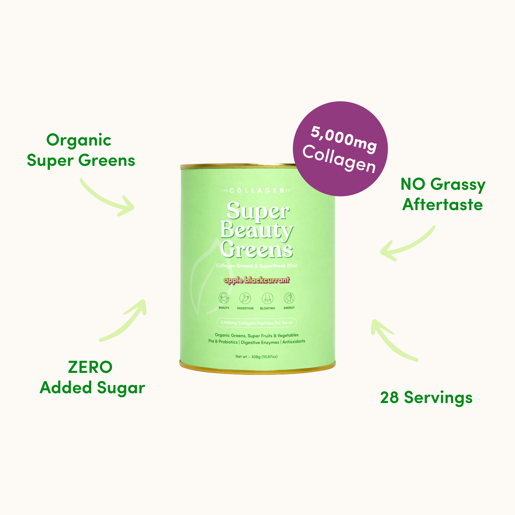 Green container of Super Beauty Greens with 5,000mg collagen, labeled for organic super greens, zero added sugar, no grassy aftertaste, 28 servings.