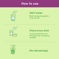 Instructions for using collagen supplement: Add 2 scoops to water, choose any drink (juice, smoothie), mix well, and enjoy.