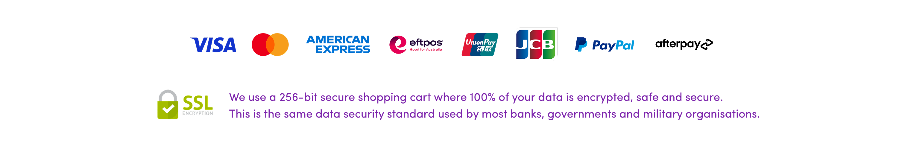 Logos of payment methods: Visa, American Express, eftpos, Mastercard, JCB, PayPal, Afterpay. Below, a lock icon and text indicating SSL encryption and secure shopping cart with 256-bit data security.