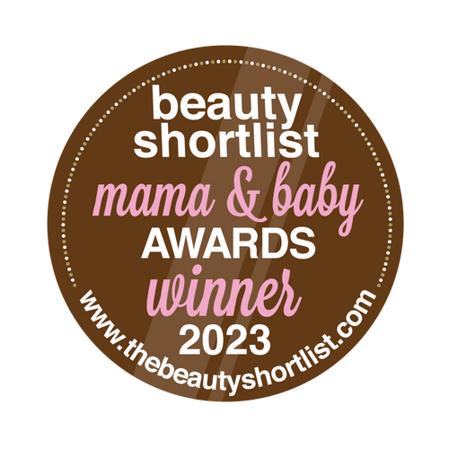 Beauty Shortlist Mama & Baby Awards 2023 Winner badge, brown with white and pink text. Circular design, website URL at bottom.