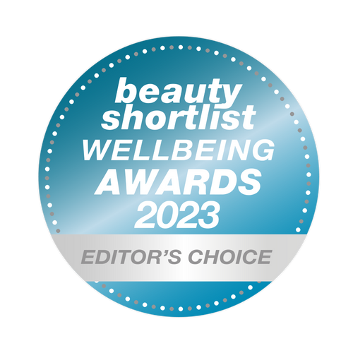 Blue circular badge for "Beauty Shortlist Wellbeing Awards 2023," labeled "Editor's Choice."