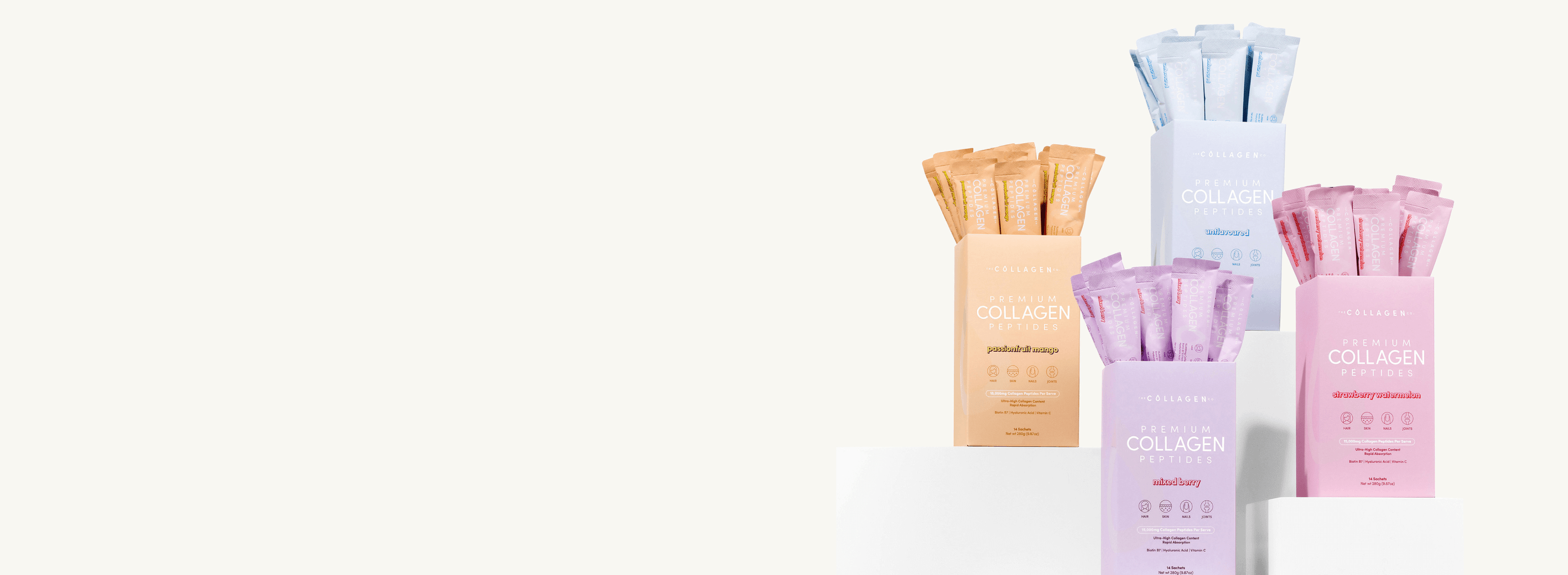 Colorful collagen supplement boxes with sachets in peach, blue, and purple displayed on white background.