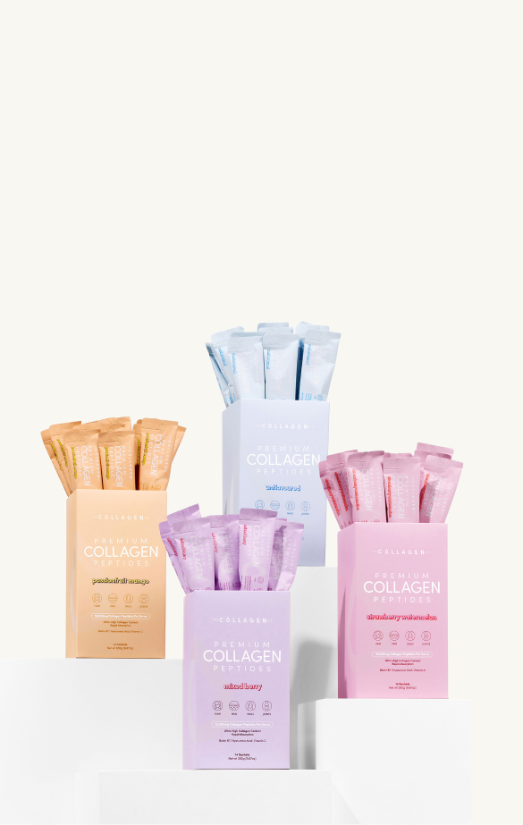 Four boxes of collagen supplements, each with a different flavor: peach mango, watermelon, wild berry, and strawberry lemonade.