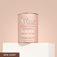 A chocolate-colored canister of Glow Shakes chocolate milkshake collagen meal replacement placed on a white pedestal with a soft brown background. The packaging highlights benefits such as weight management, metabolism boost, and glowing skin.