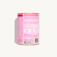 Back view of the strawberry Glow Shakes canister showing nutritional facts, usage instructions, and product features like low sugar, low carb, and high protein content.