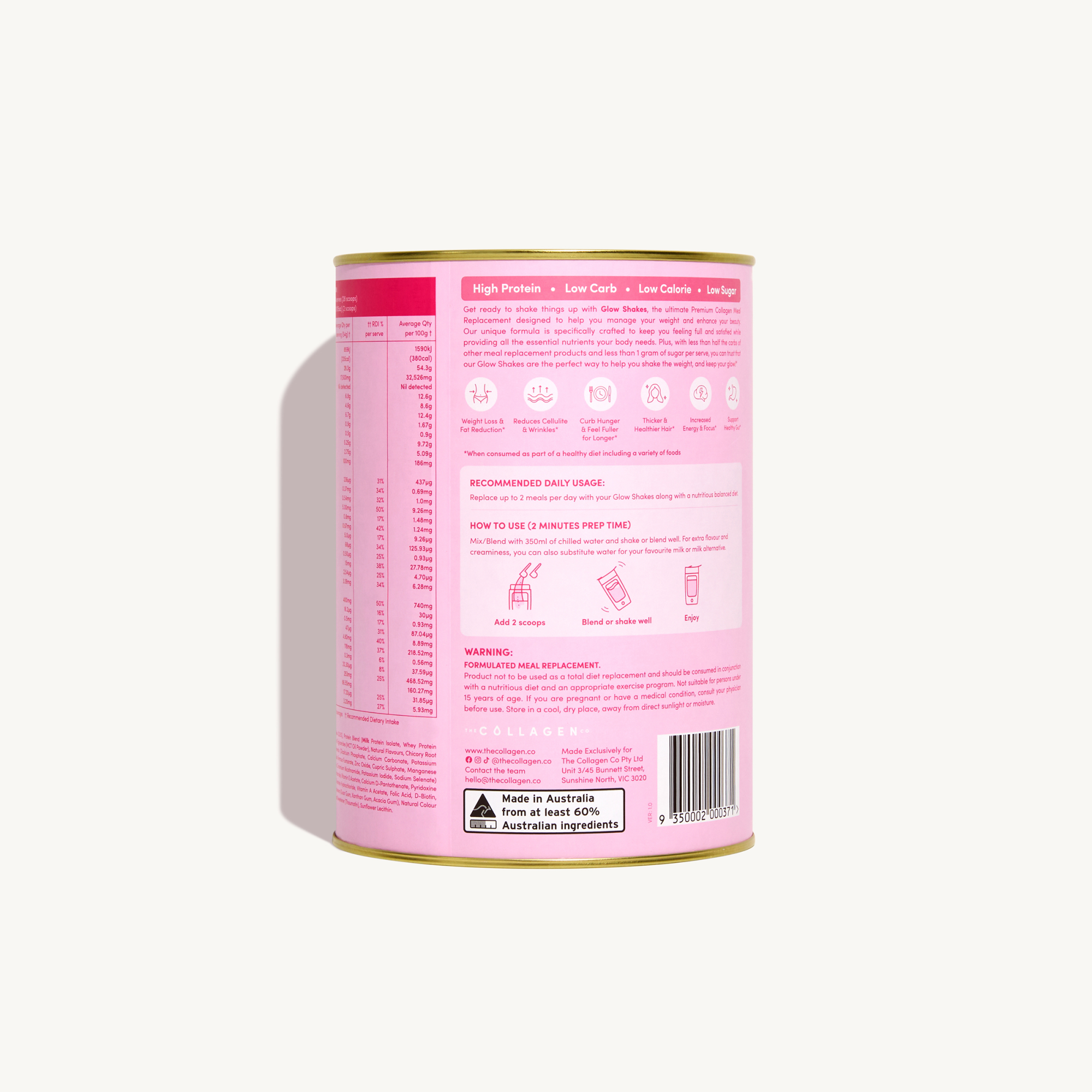 Back view of the strawberry Glow Shakes canister showing nutritional facts, usage instructions, and product features like low sugar, low carb, and high protein content.