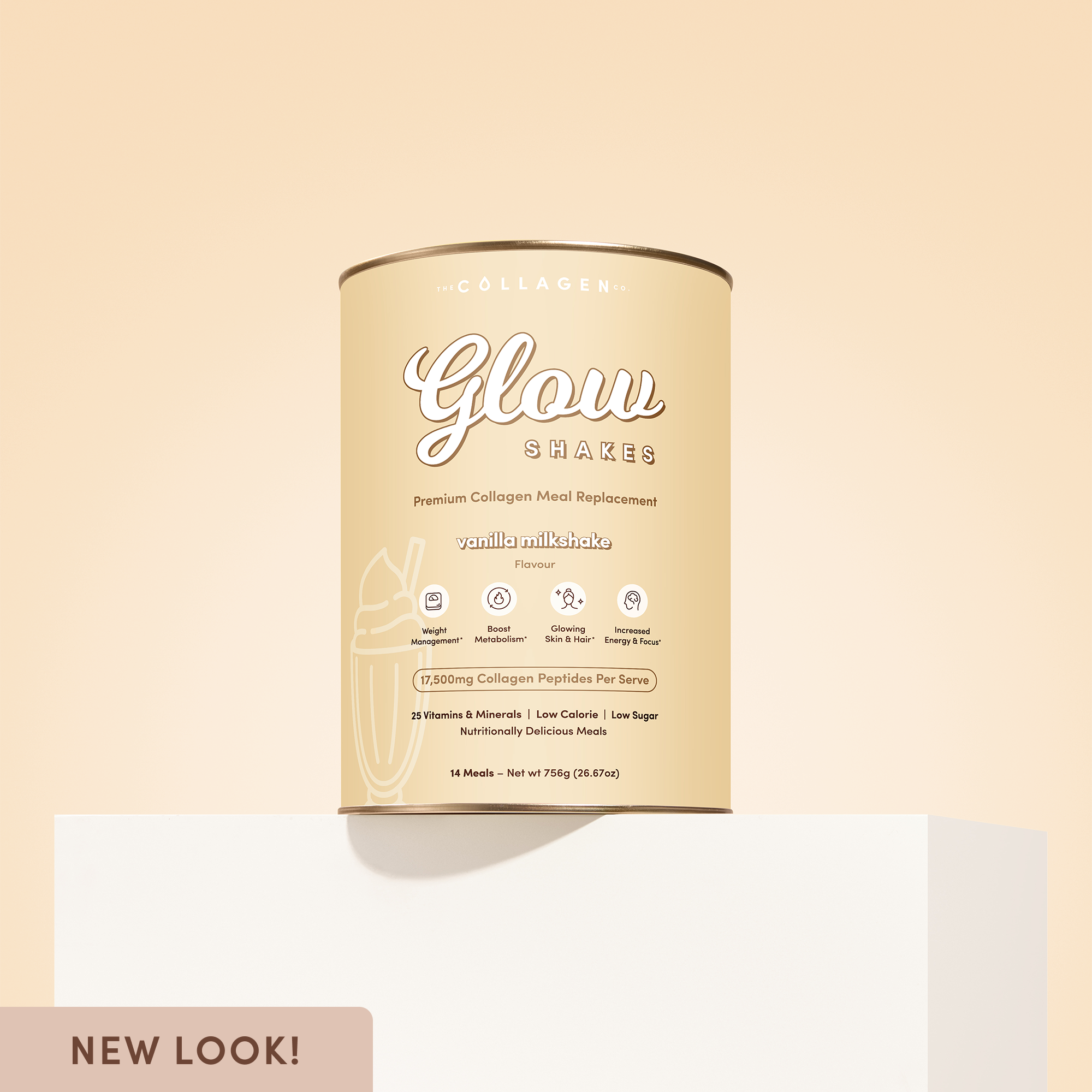 A cream-colored canister of Glow Shakes vanilla milkshake collagen meal replacement displayed on a white block, with a soft beige background. The label highlights benefits like energy support, metabolism boost, and glowing skin.