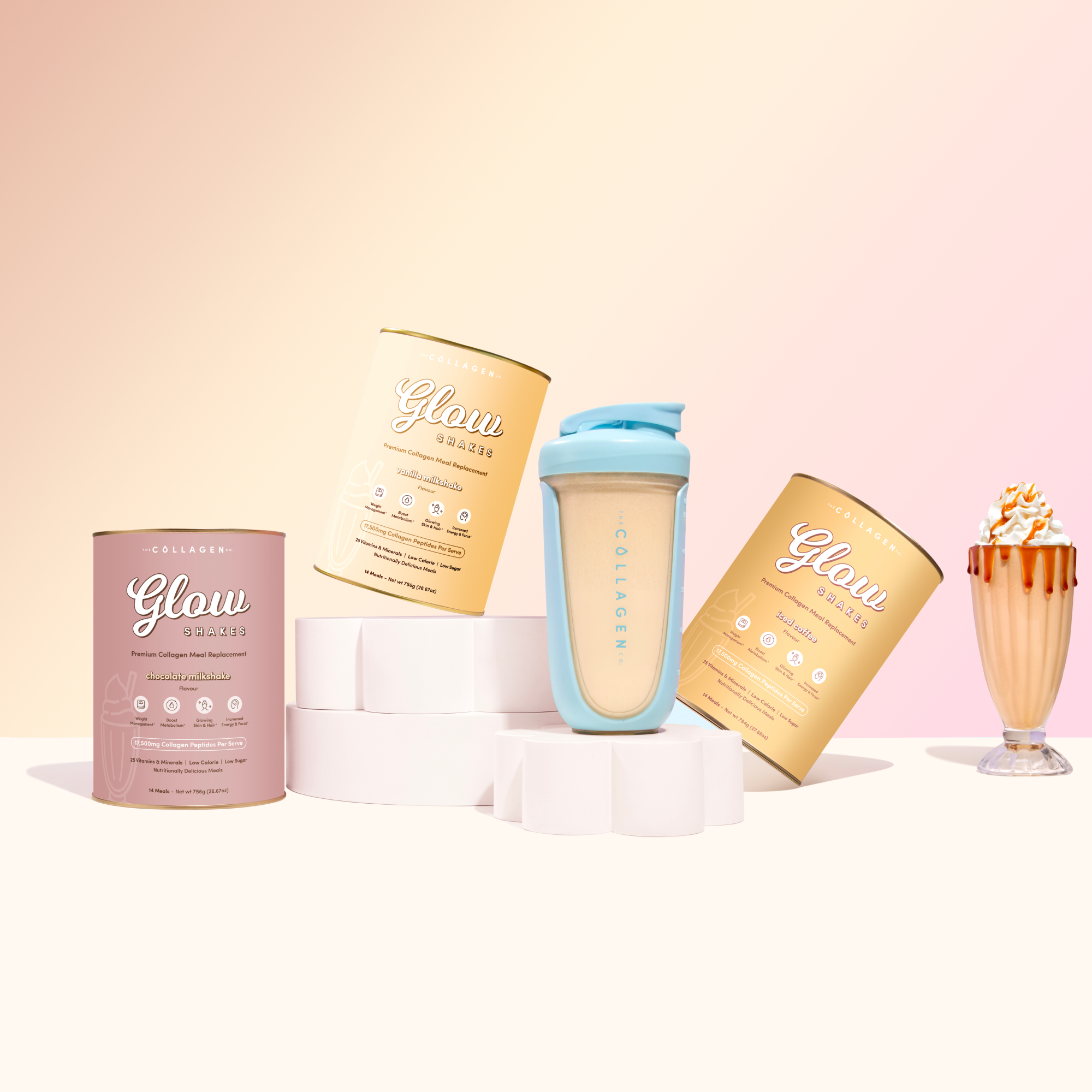 Glow Shakes cans in vanilla and chocolate flavors are arranged beside a light blue Glow shaker bottle filled with a vanilla shake, with a milkshake on the right, all on pastel white podiums and a warm gradient background.