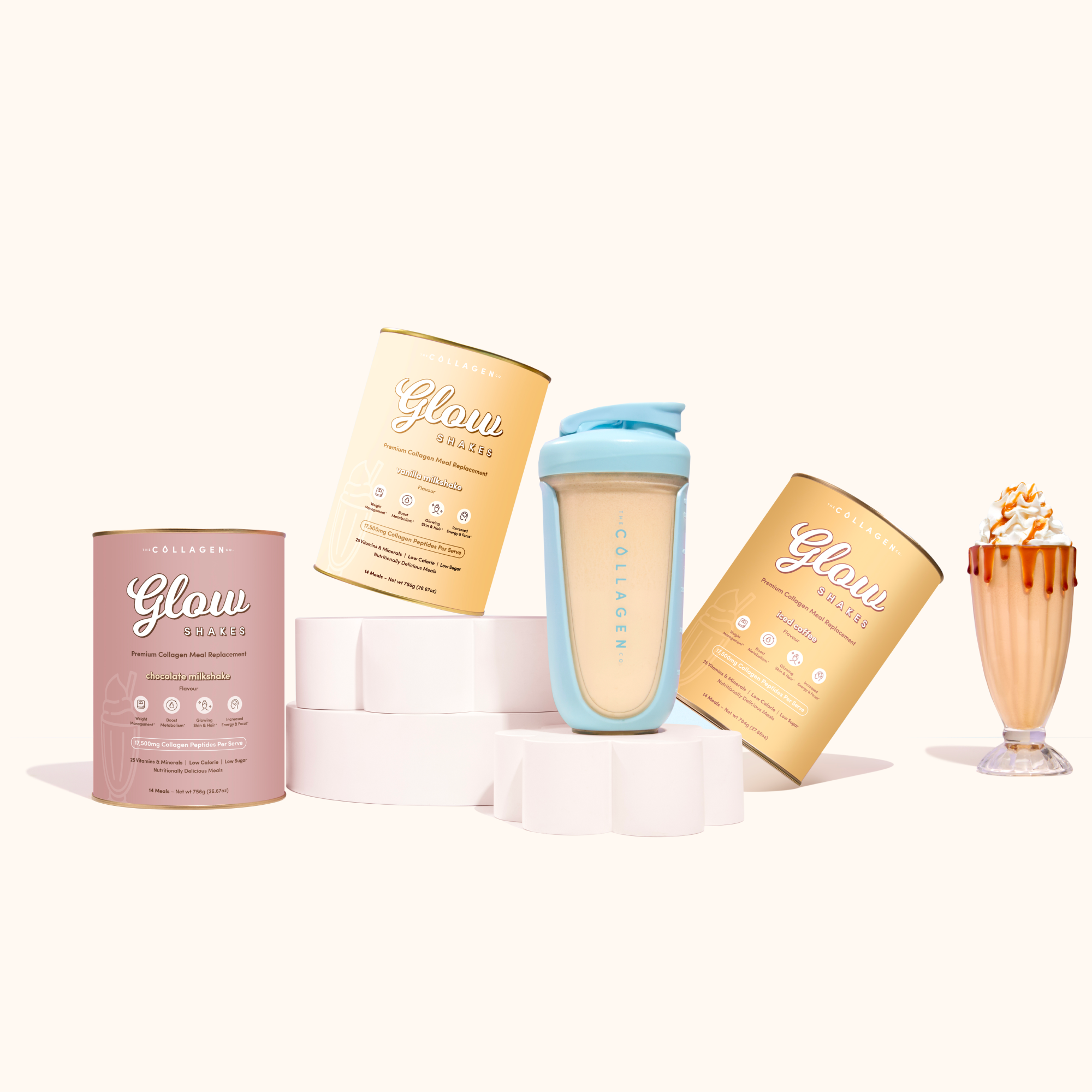 Glow Shakes cans in vanilla, iced coffee and chocolate flavors are arranged beside a light blue Glow shaker bottle filled with a vanilla shake, with a milkshake on the right, all on pastel white podiums.