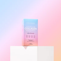 Mixed Flavours Collagen Sachets box displayed on white pedestal against pastel blue and pink gradient background