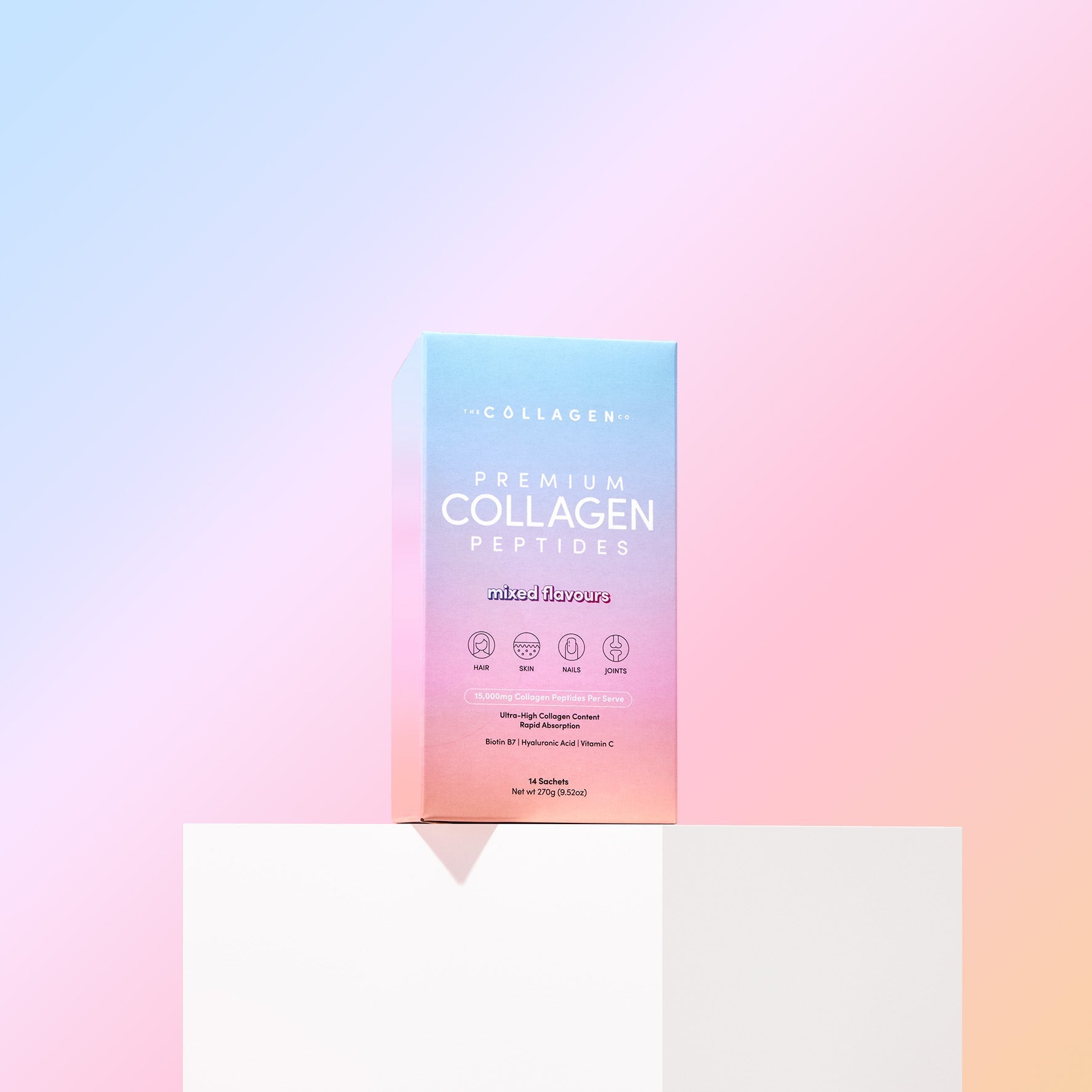 Mixed Flavours Collagen Sachets box displayed on white pedestal against pastel blue and pink gradient background