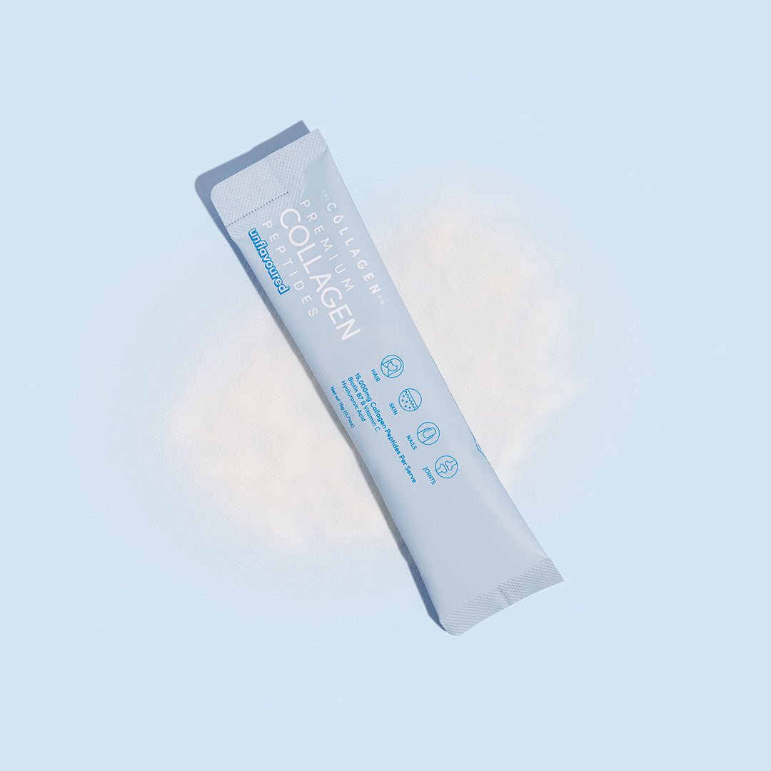 Mixed Flavours Collagen Sachet packet on light blue background with soft glow effect