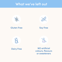 Mixed Flavours Collagen Sachets with clean ingredient icons showing gluten-free, soy-free, dairy-free and no artificial additives