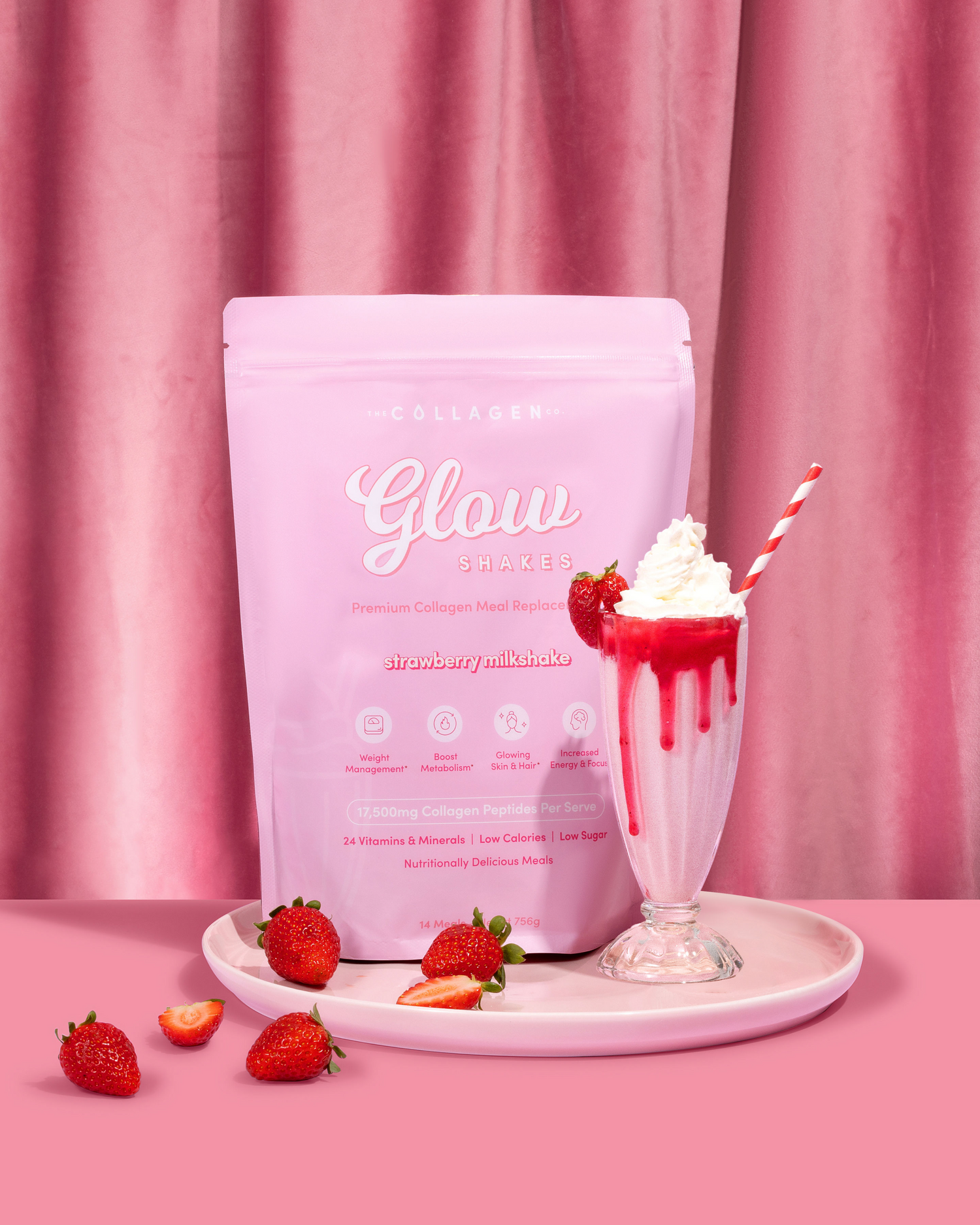 Collagen shake package and a vanilla milkshake with sprinkles on a light background. Icons and text highlight beauty and nutrition benefits.