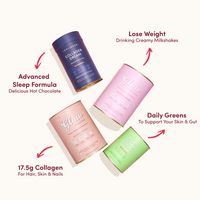 Four The Collagen Co. 2026 Reset Bundle containers in pastel colors highlight benefits: restful sleep, weight loss, increased greens intake, and collagen support—all on a light background.