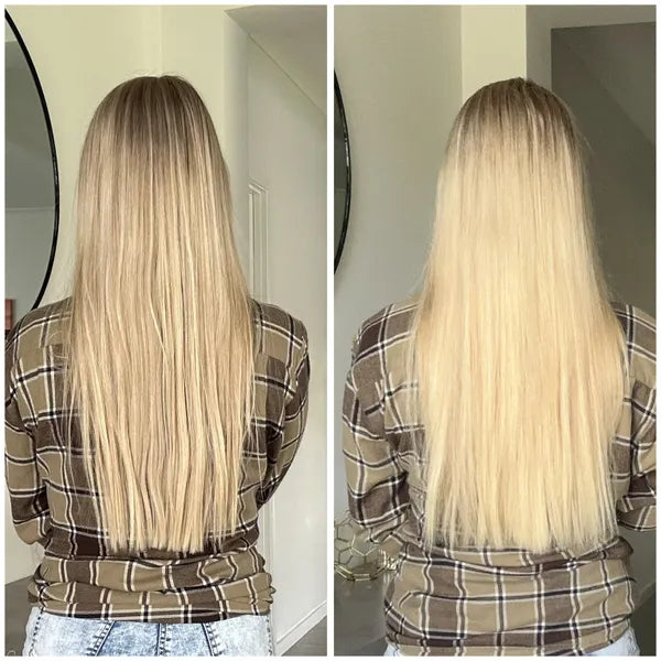 Side-by-side comparison of a person with long, straight blonde hair wearing a plaid shirt. The left image shows slightly darker, less voluminous hair; the right image shows lighter, fuller, and smoother hair.
