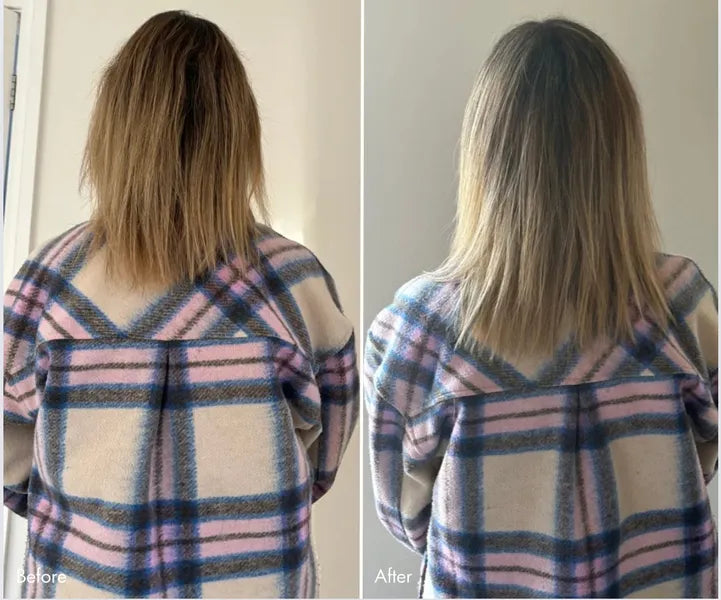 Side-by-side comparison of a woman’s back before and after a hair treatment, showing smoother, healthier, and more even hair on the right. She wears a plaid jacket in both images.