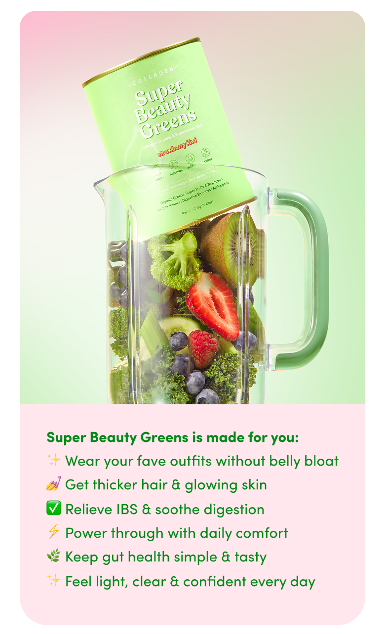 A blender filled with broccoli, spinach, kiwi, blueberries, and a green canister labeled Super Beauty Greens sits against a white background. Below, text highlights health benefits of the product on a pink background.