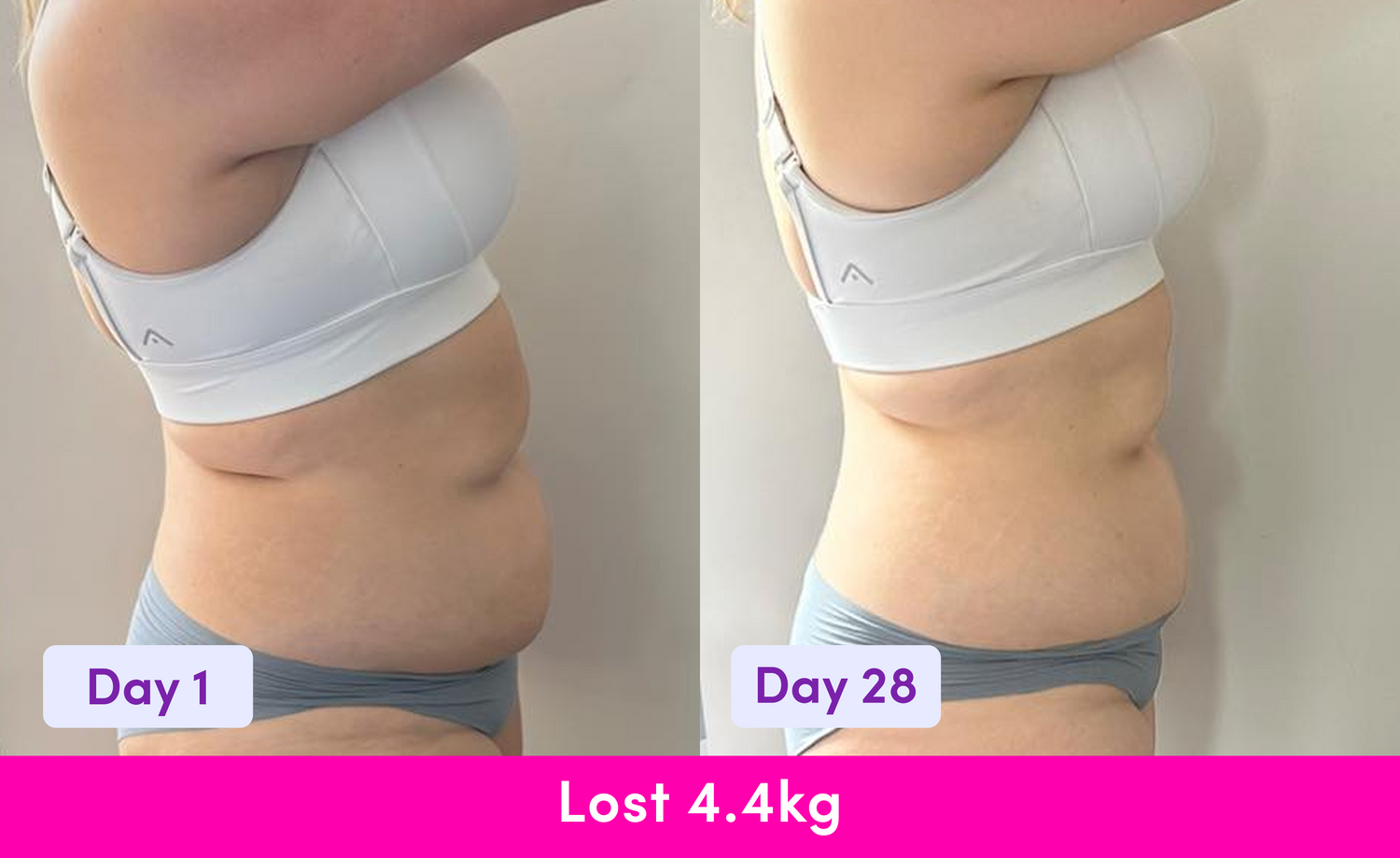 Side-by-side photos of a woman in underwear showing her torso from the side. The left image is labeled Day 1, and the right Day 28. Her stomach appears slimmer in the second image. Text below reads, Lost 4.4kg.