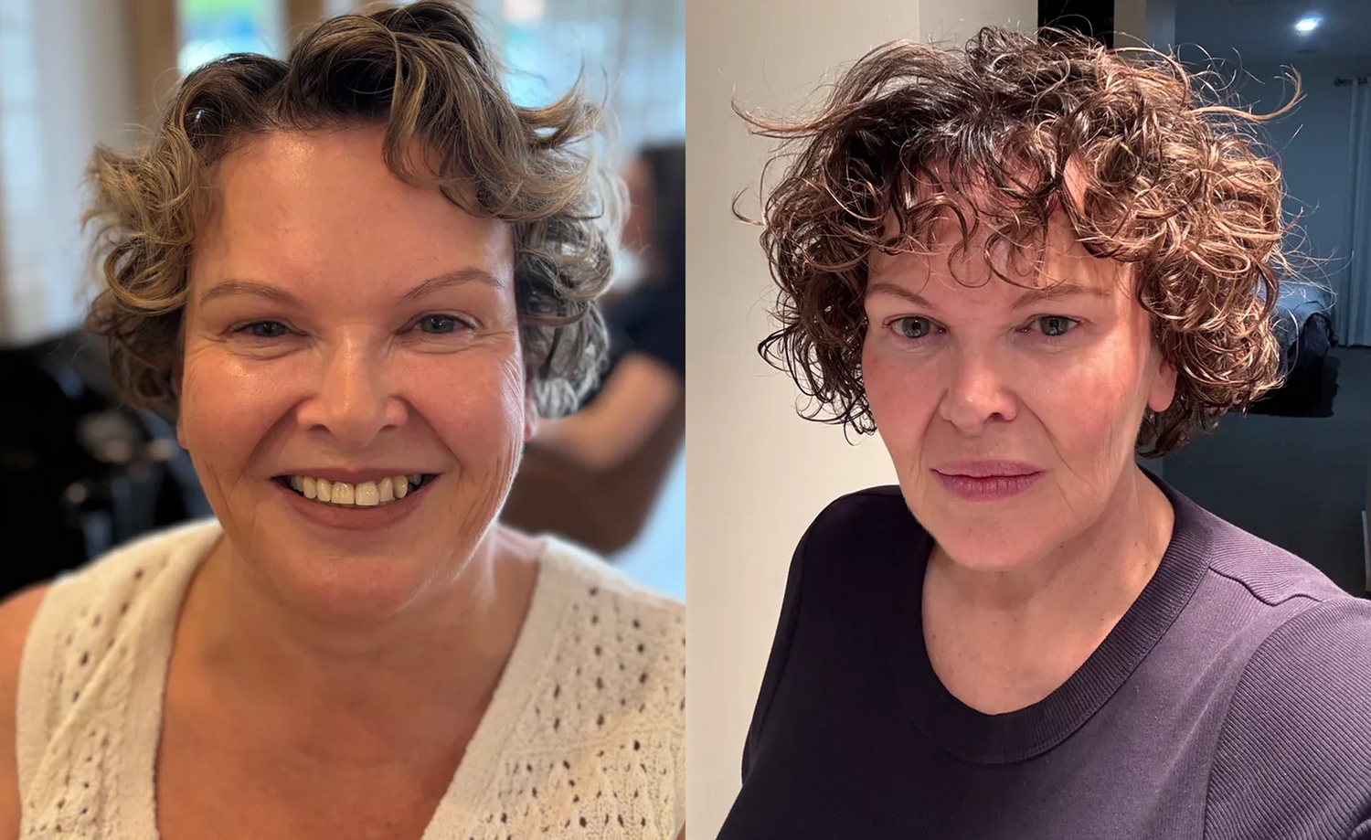 Side-by-side photos of a woman before and after a haircut. On the left, she has short, loose, light brown hair and is smiling. On the right, her hair is shorter, darker, curlier, and she has a neutral expression.