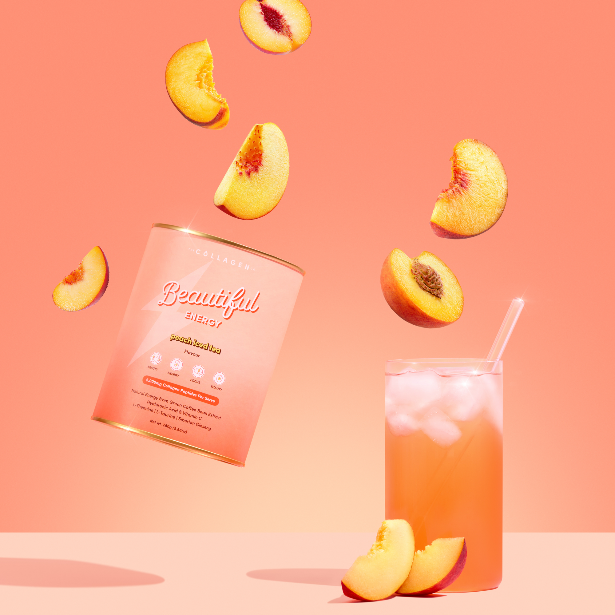 Peach-flavored drink mix can with a glass of peach juice and sliced peaches on a pink background